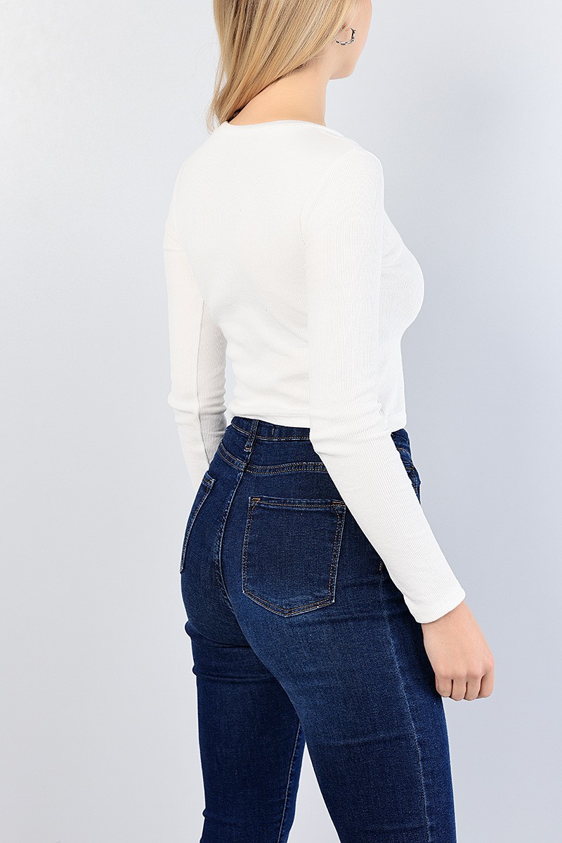 Krem Bisiklet Yaka Fitilli Triko Bluz 82410