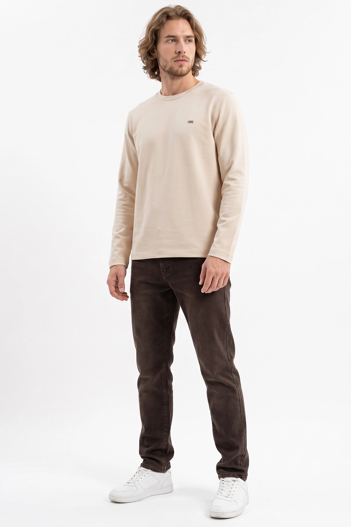 Krem Bisiklet Yaka Sırt Detay Erkek Sweatshirt 492024
