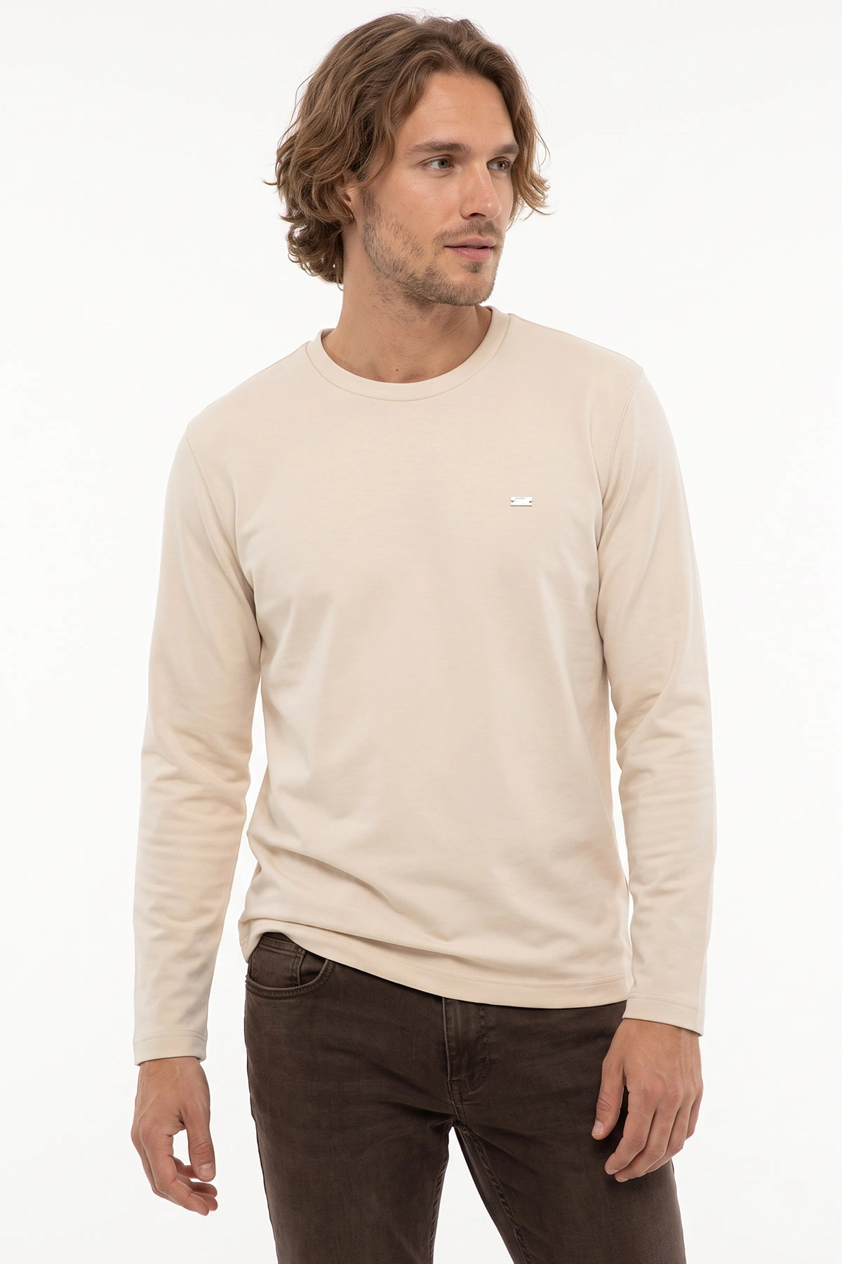 Krem Bisiklet Yaka Sırt Detay Erkek Sweatshirt 492024