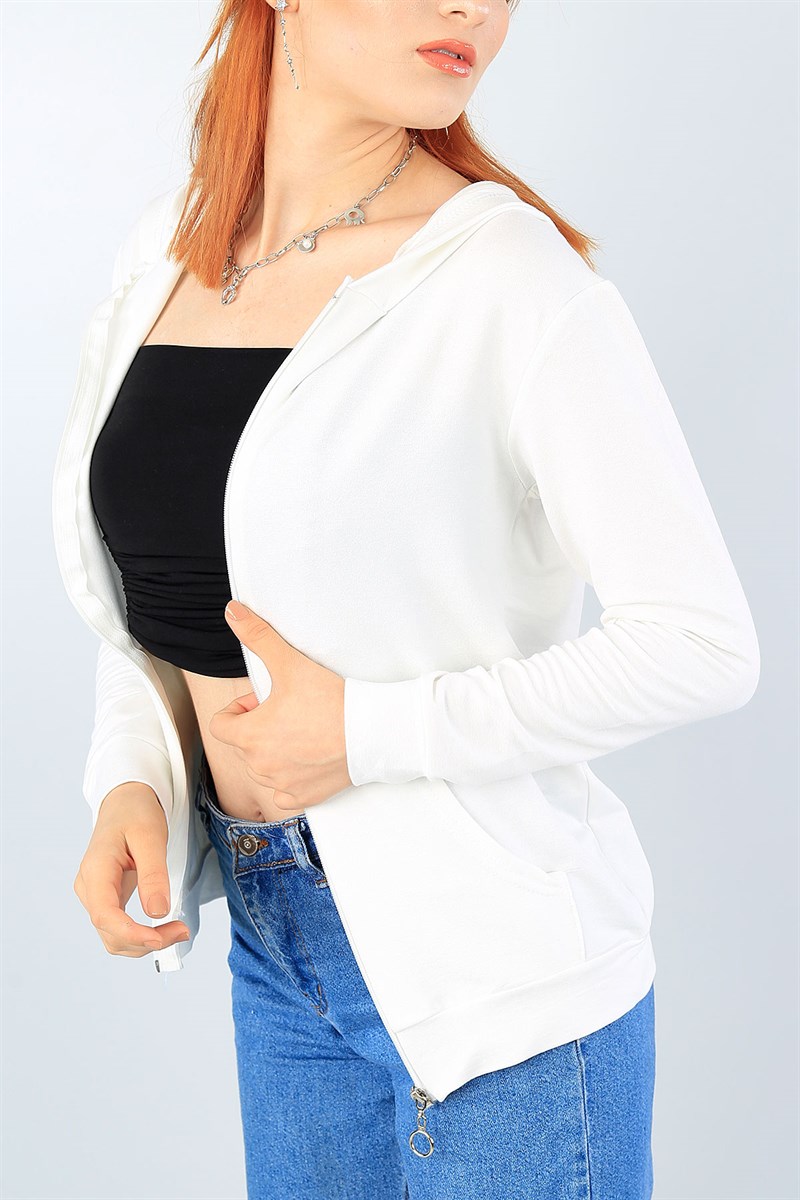 Krem Boydan Fermuarlı Bayan Sweat 39849