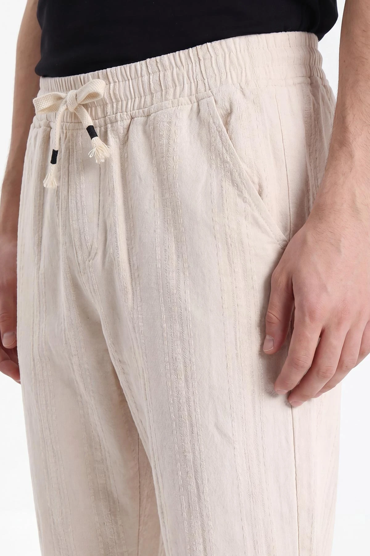 Krem Boyfriend Ham Keten Belden Bağlamalı Erkek Pantolon 459594