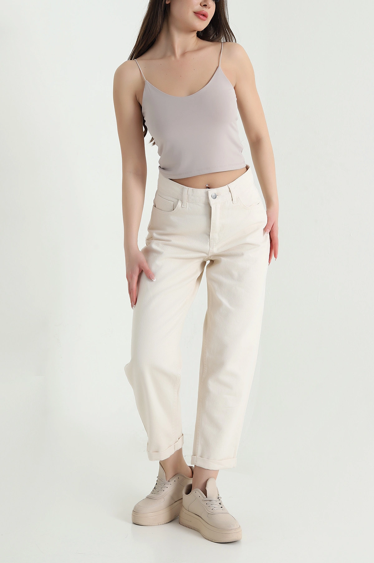 Krem Cep Detay Gabardin Kadın Pantolon 454915