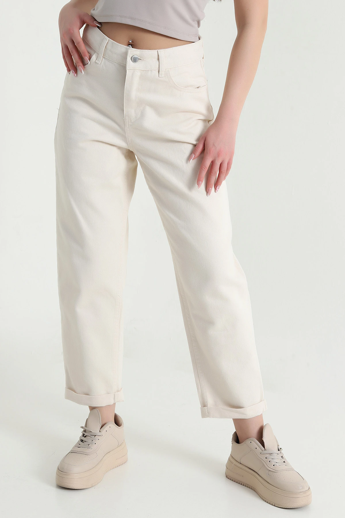 Krem Cep Detay Gabardin Kadın Pantolon 454915