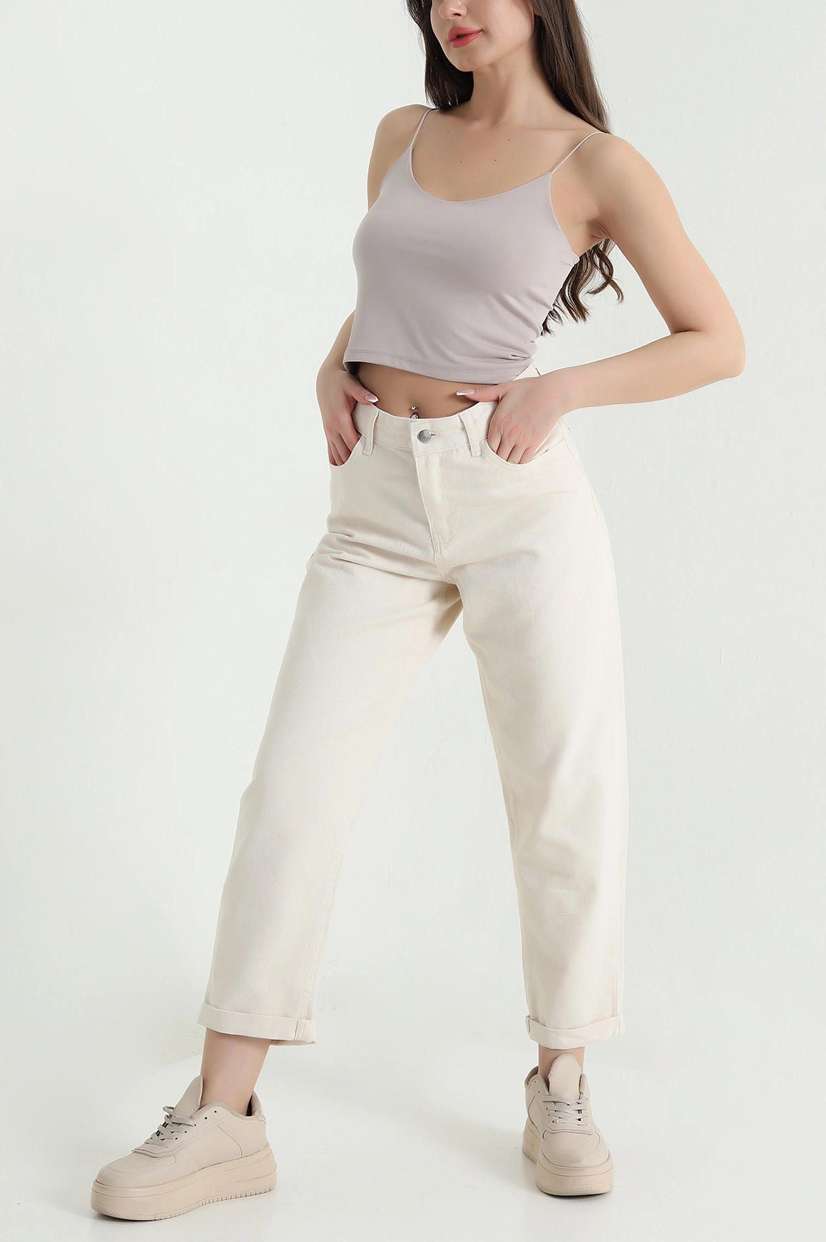 Krem Cep Detay Gabardin Kadın Pantolon 454915