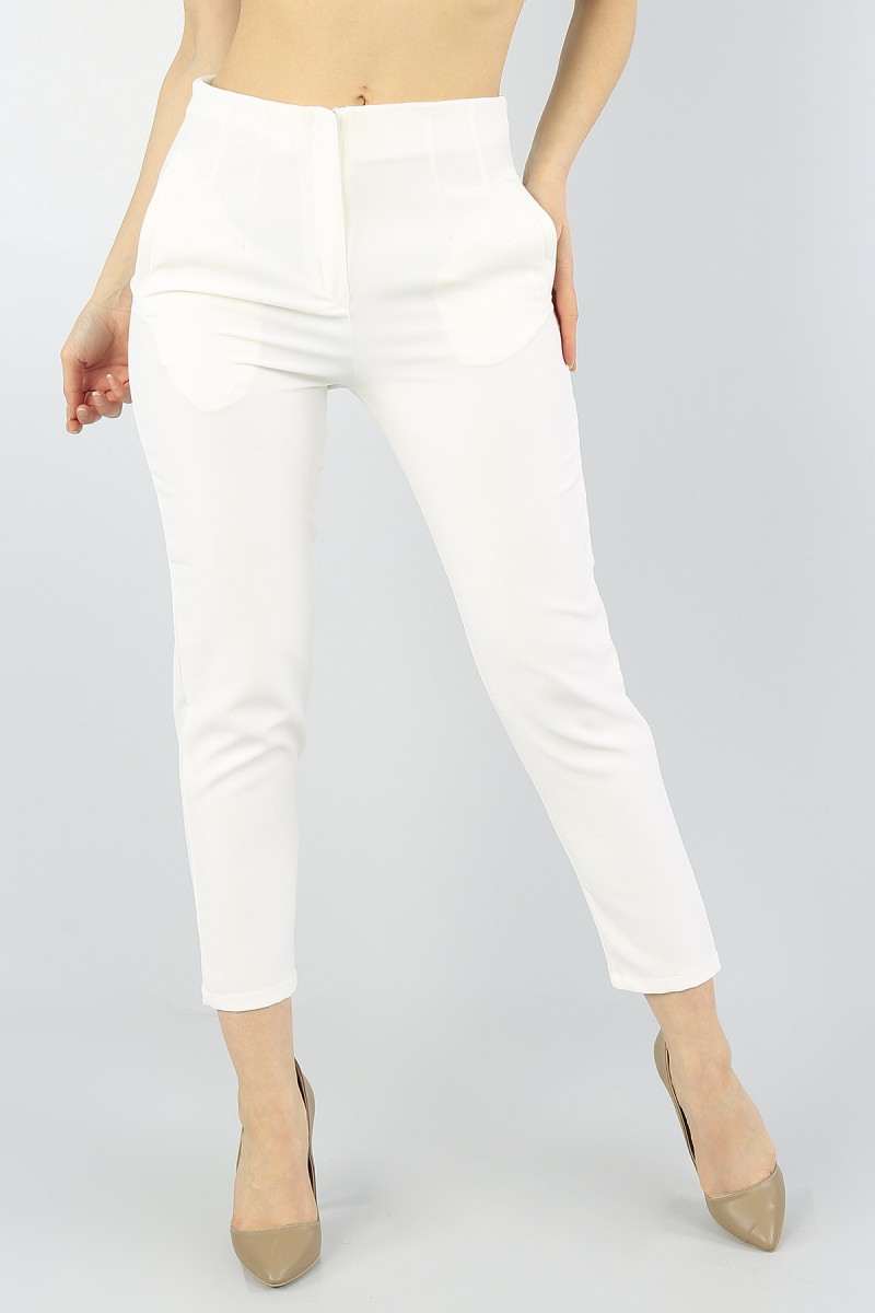 Krem Cepli Likralı Bayan Pantolon 57092