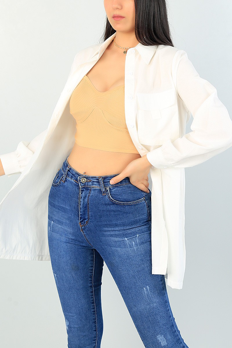 Krem Cepli Poplin Gömlek Tunik 67476