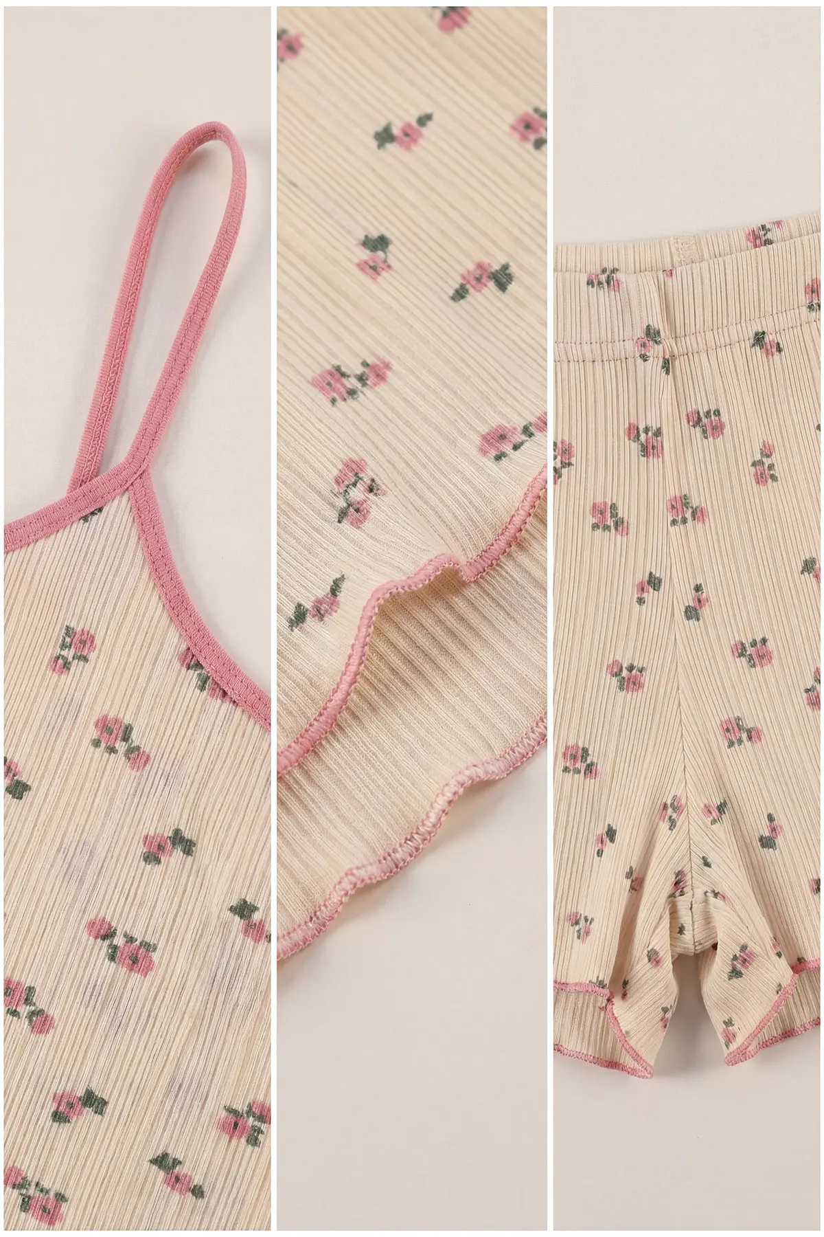 Krem Çiçek Desenli Kadın Şortlu Pijama Takımı 439997