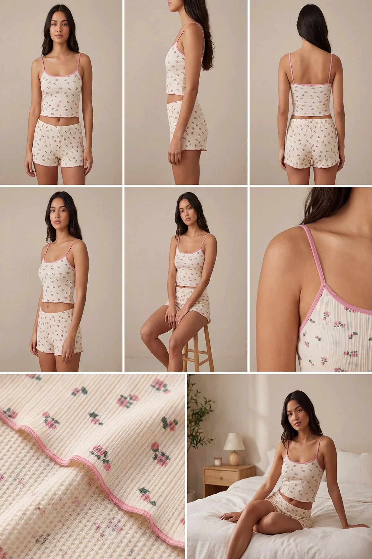 Krem Çiçek Desenli Kadın Şortlu Pijama Takımı 439997