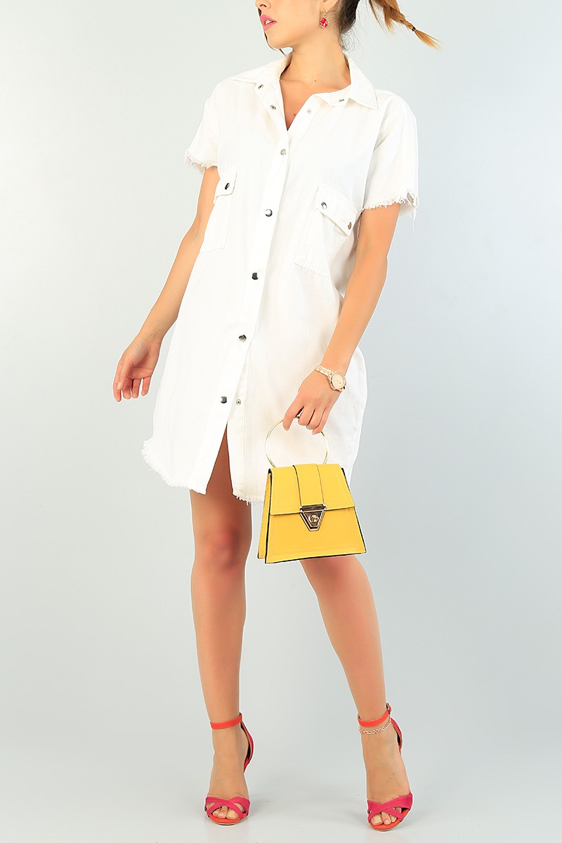 Ekru Çıtçıtlı Yazlık Gabardin Elbise 72224