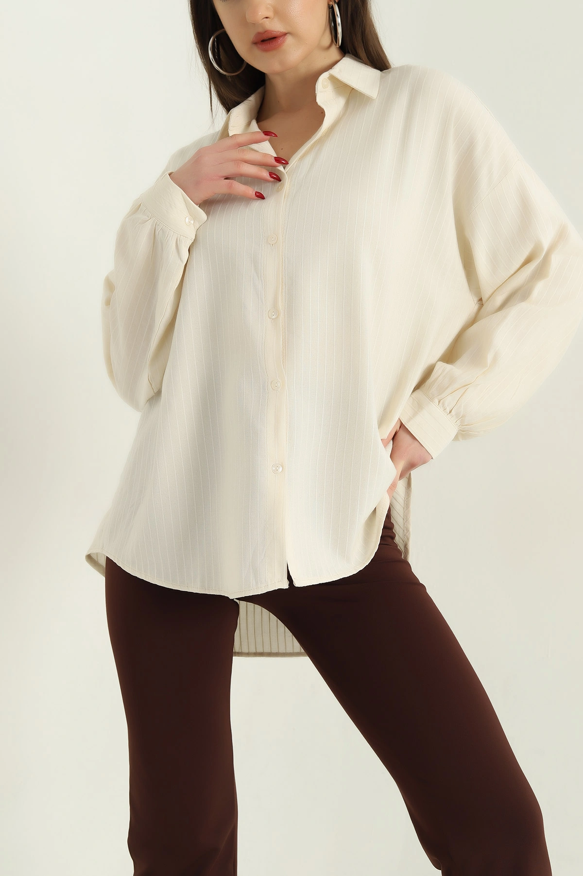 Krem Çizgili Oversize Bayan Keten Gömlek 336984
