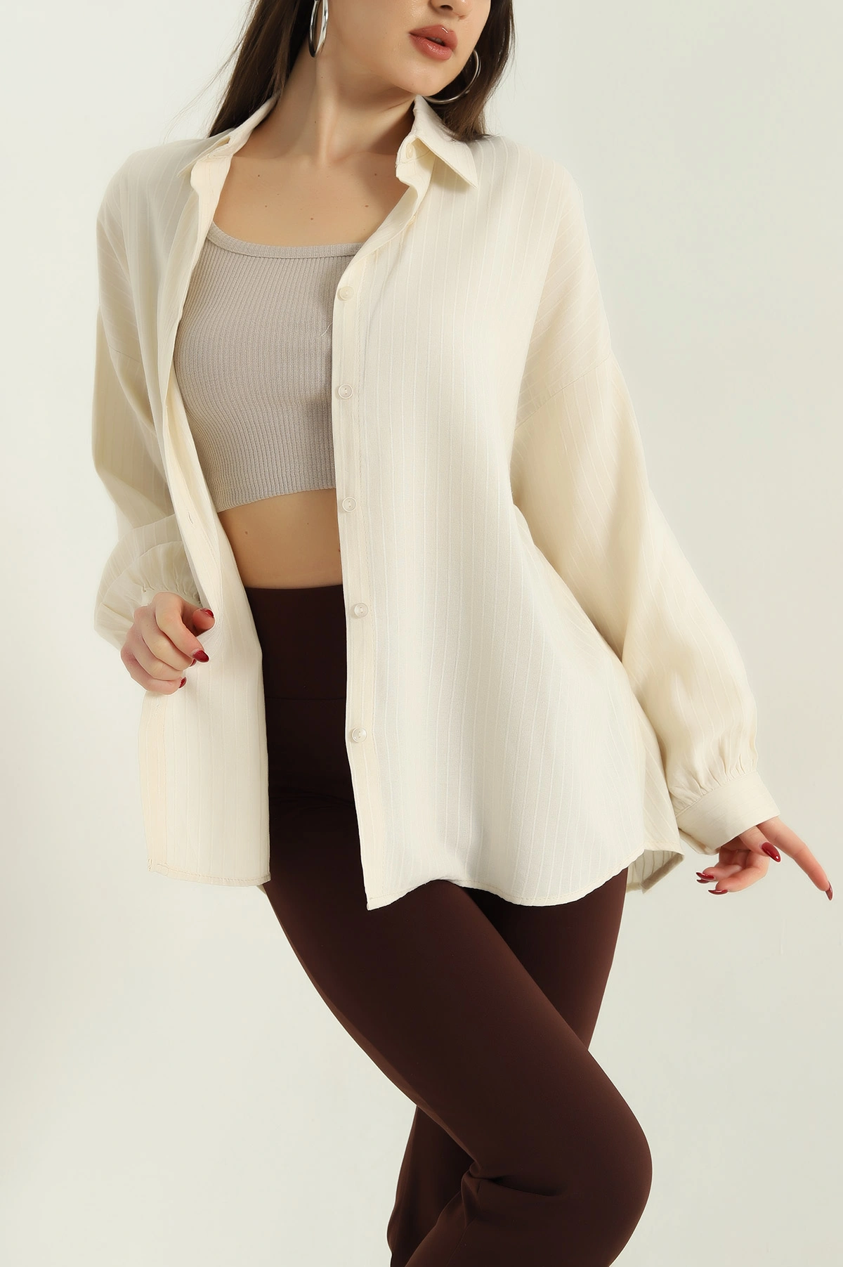 Krem Çizgili Oversize Bayan Keten Gömlek 336984