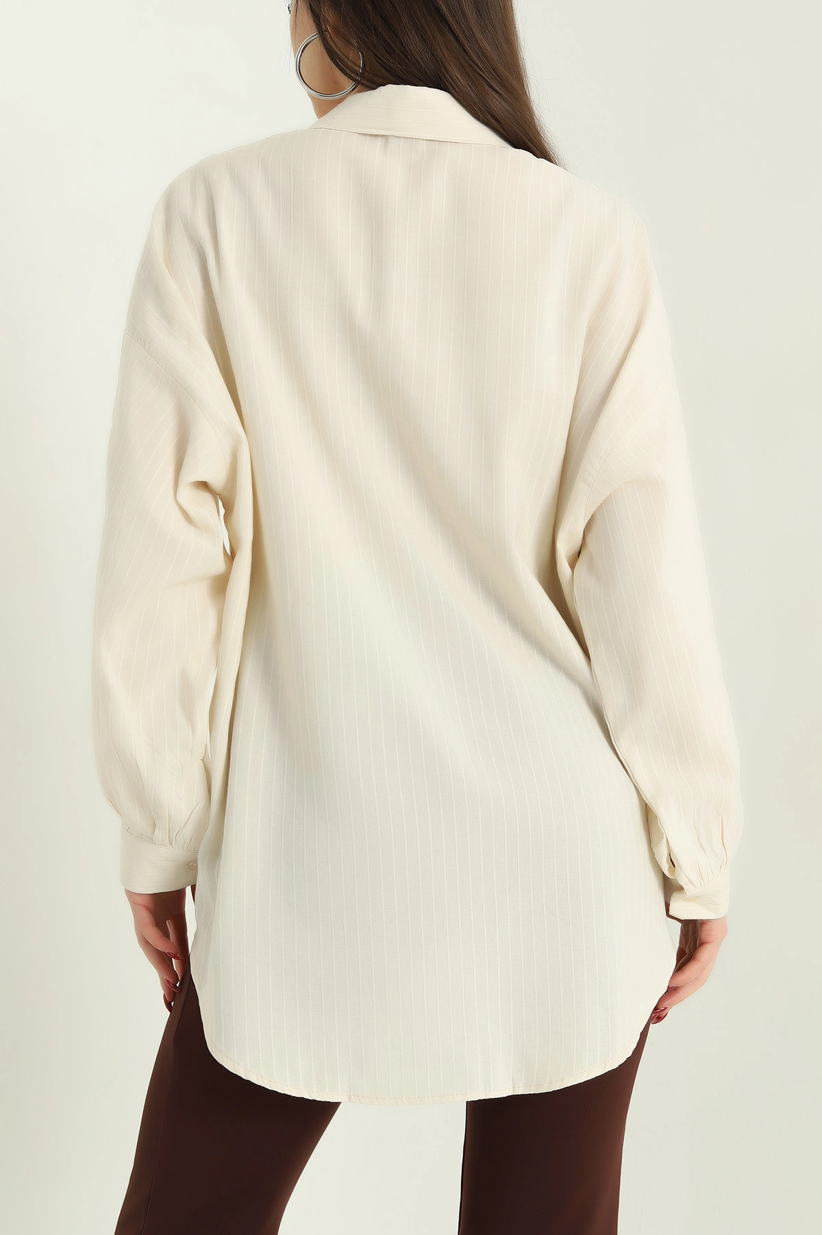 Krem Çizgili Oversize Bayan Keten Gömlek 336984