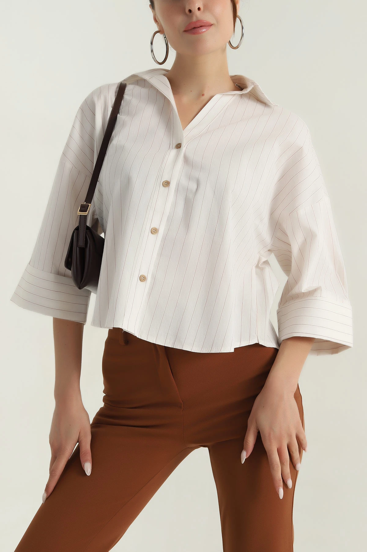 Krem Çizgili Poplin Kadın Gömlek 380981