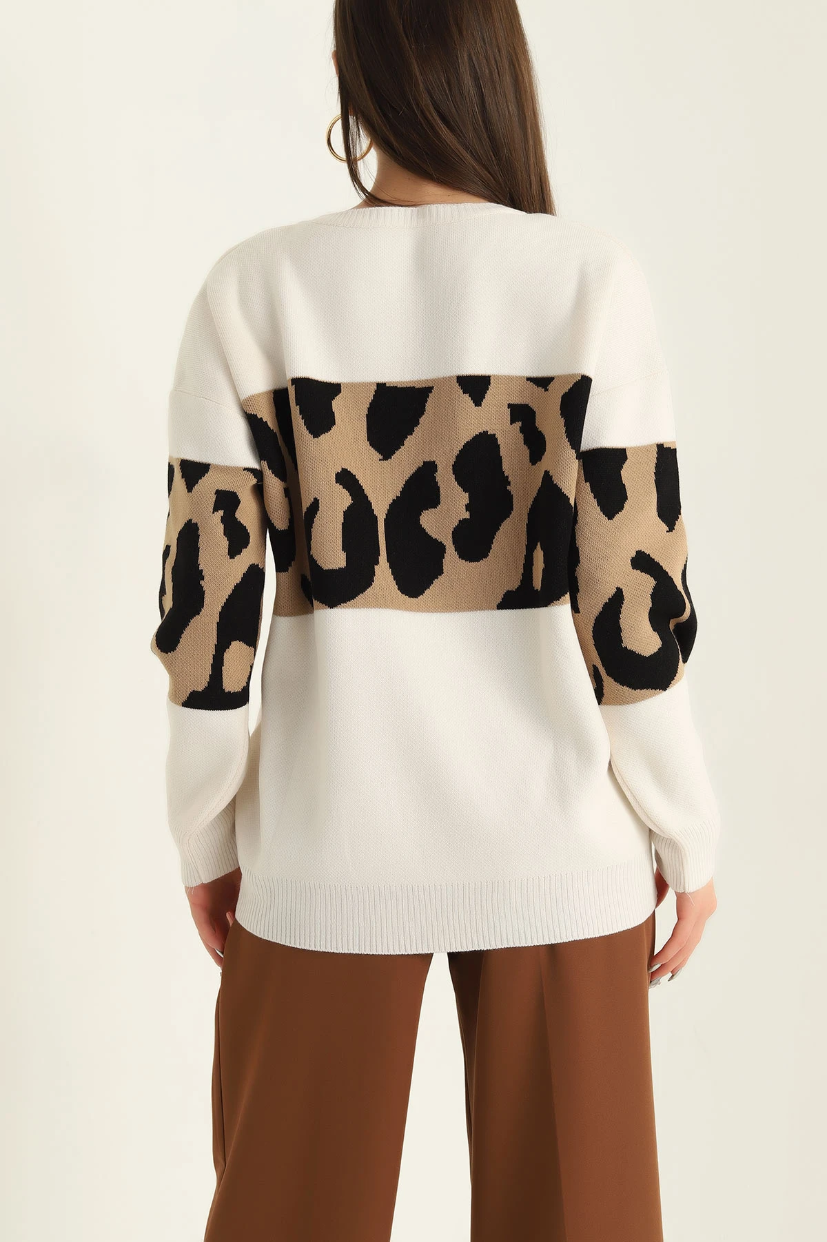 Krem Desenli Oversize Bayan Triko Kazak 322306