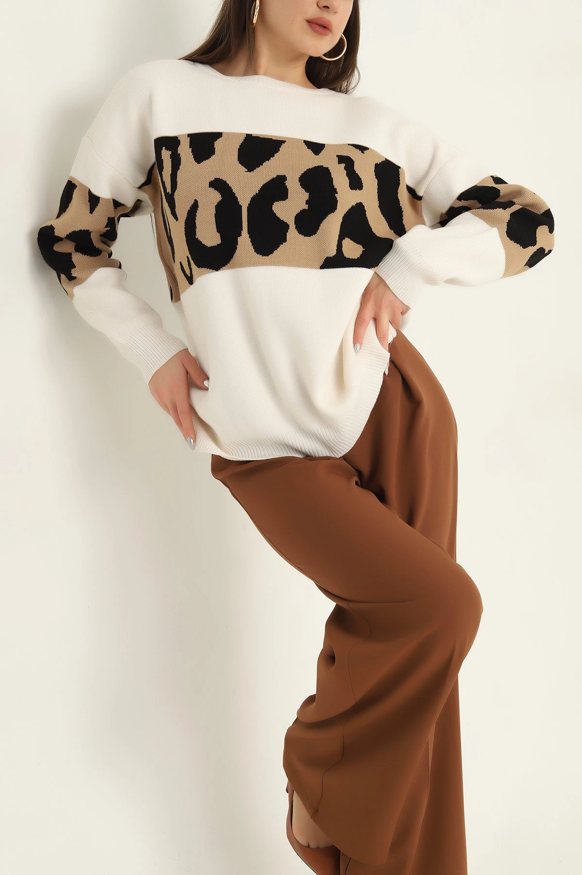 Krem Desenli Oversize Bayan Triko Kazak 322306