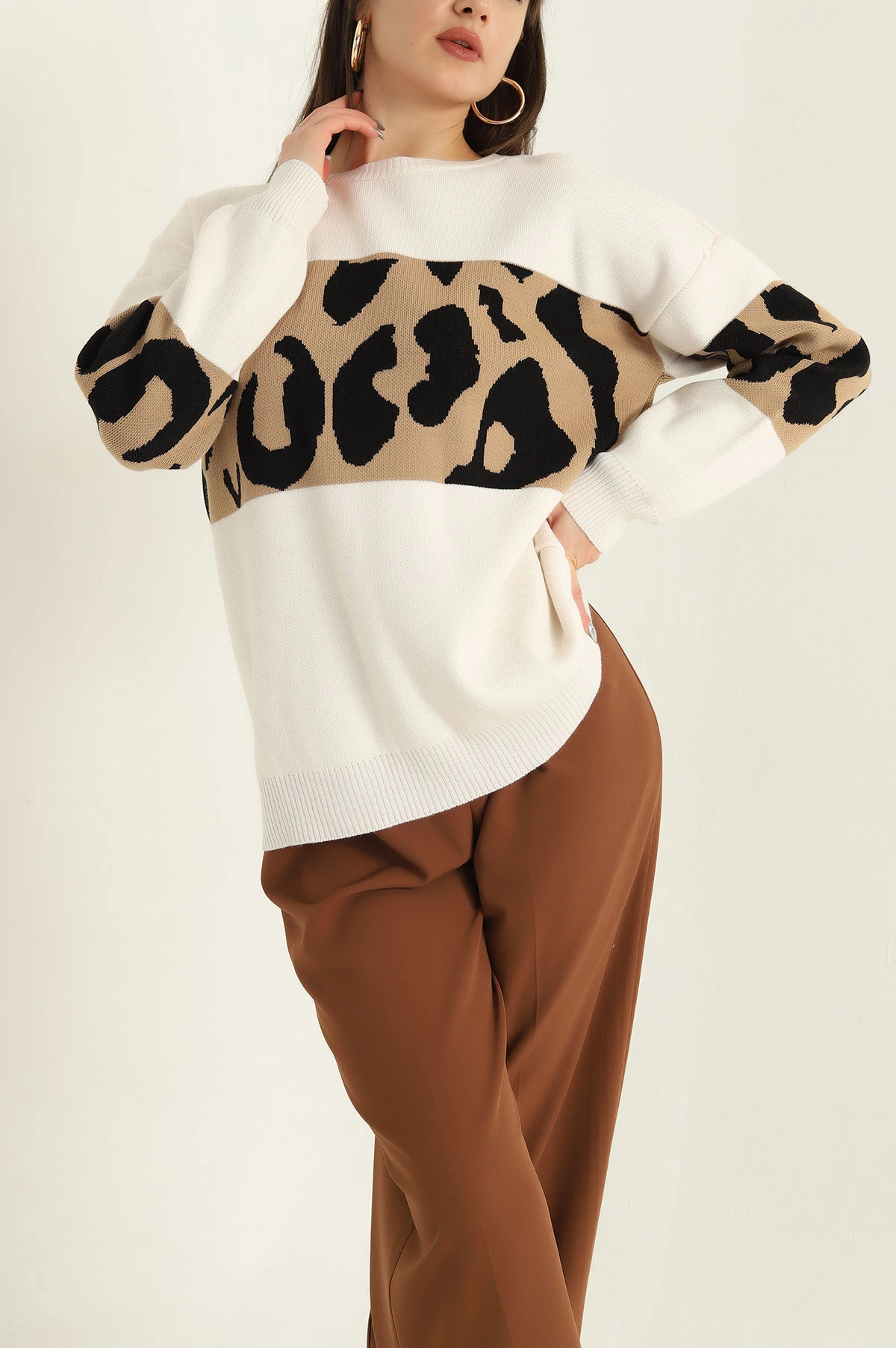 Krem Desenli Oversize Bayan Triko Kazak 322306