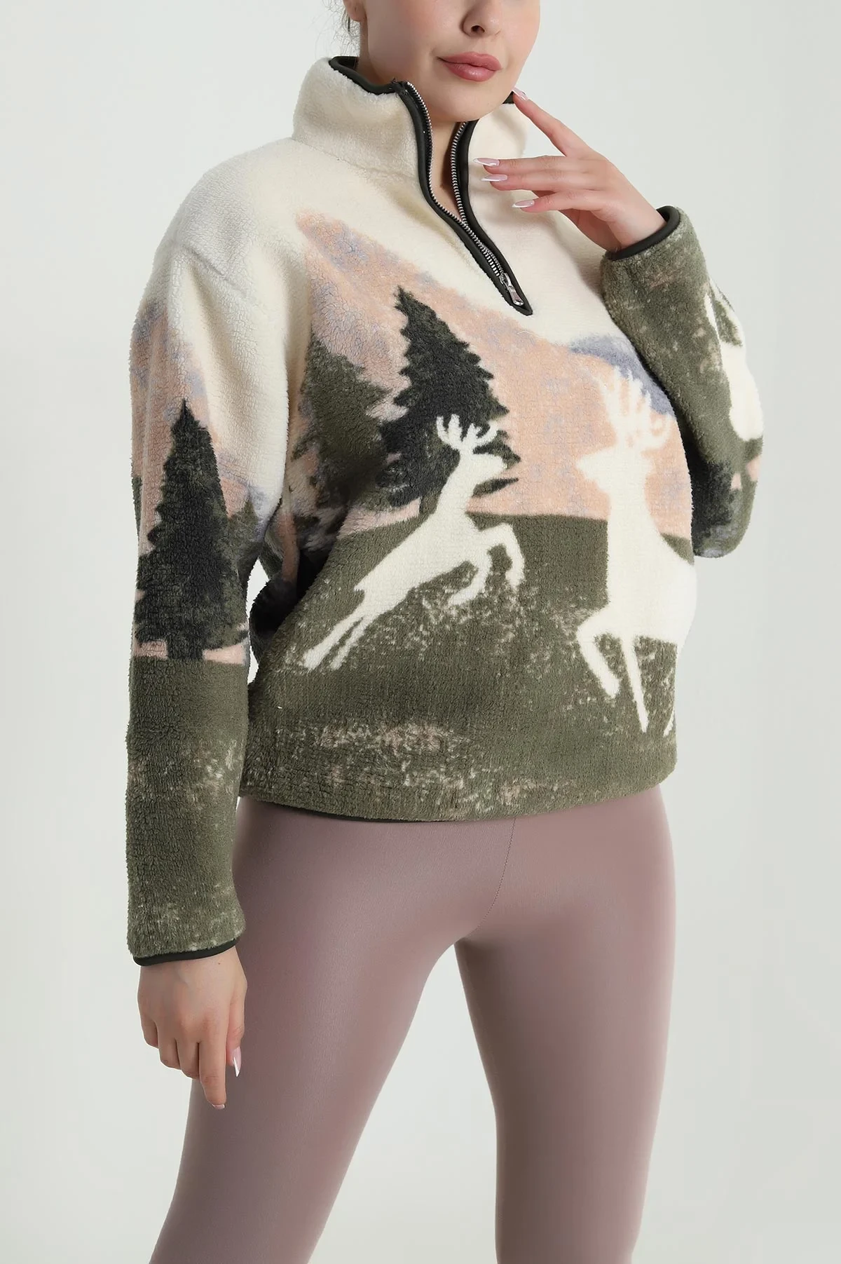 Krem Desenli Teddy Kadın Sweat 485142