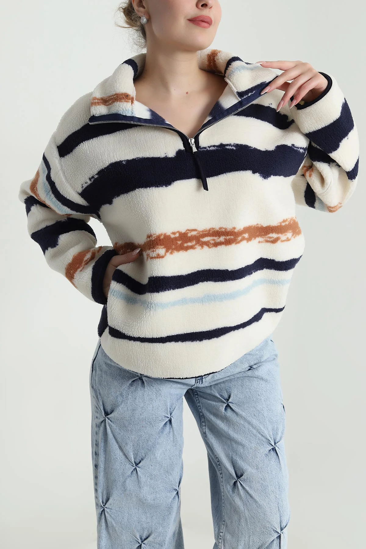 Krem Desenli Teddy Kadın Sweat 492656