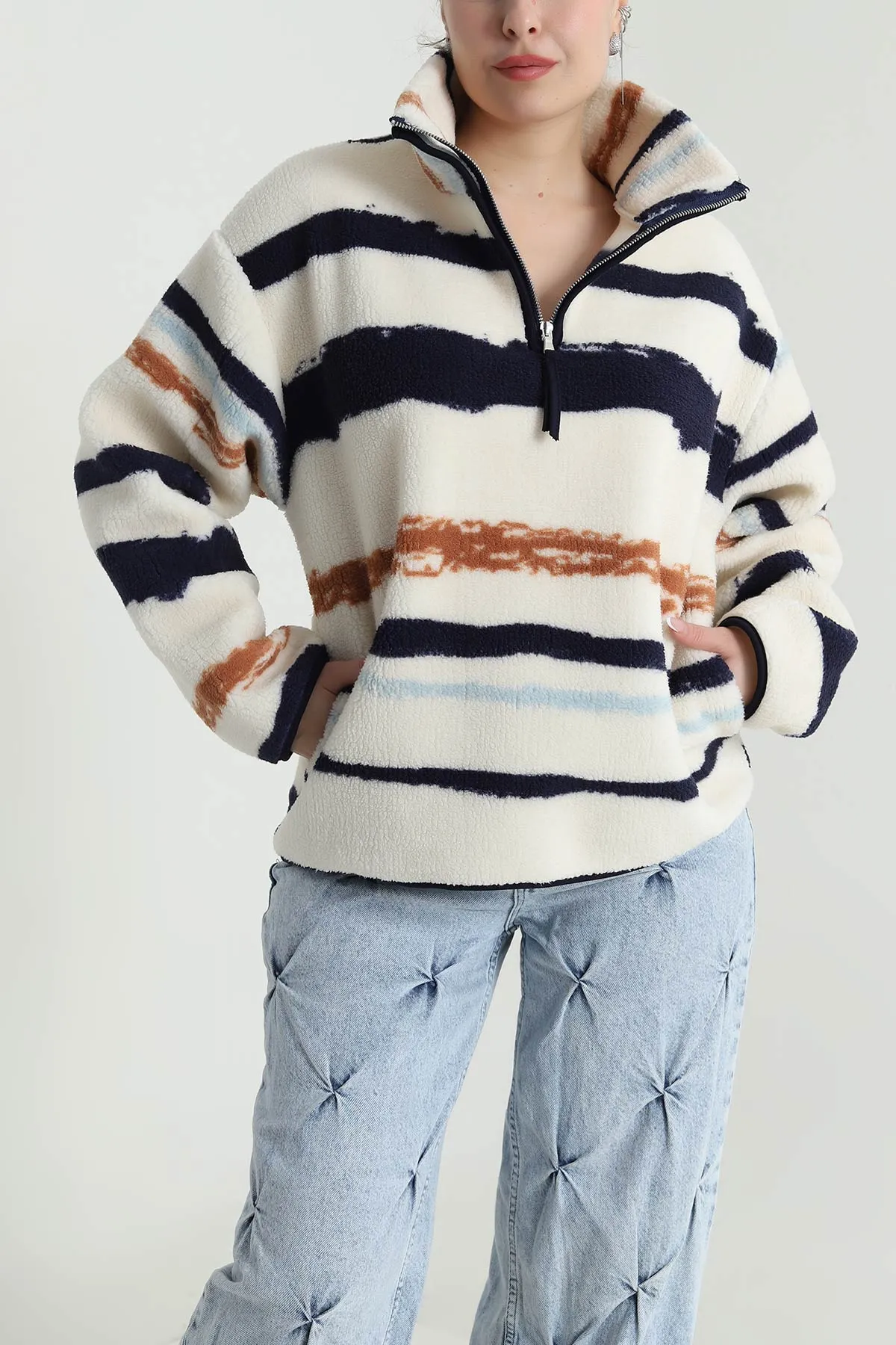 Krem Desenli Teddy Kadın Sweat 492656
