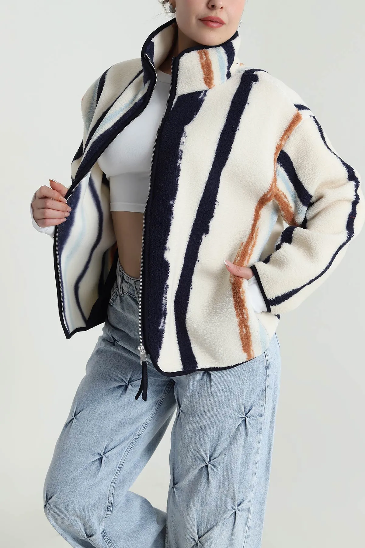 Krem Desenli Teddy Kadın Sweat 492673