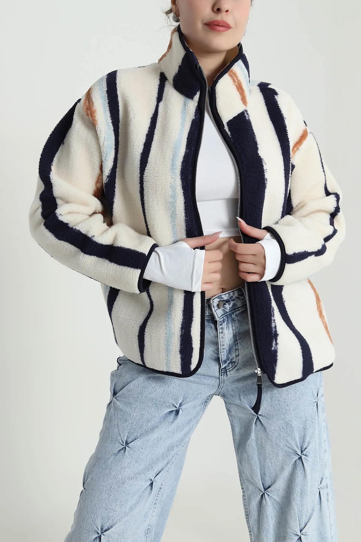Krem Desenli Teddy Kadın Sweat 492673