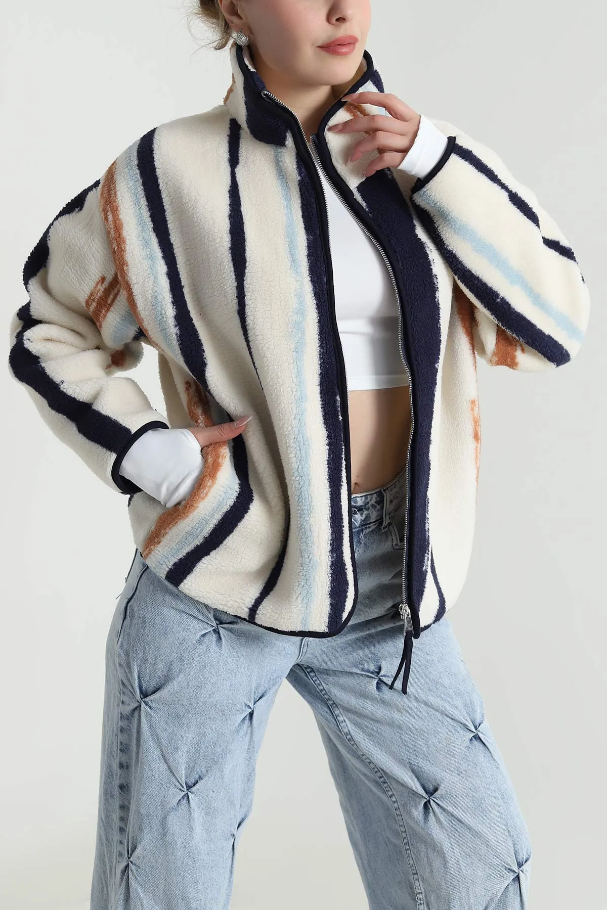 Krem Desenli Teddy Kadın Sweat 492673