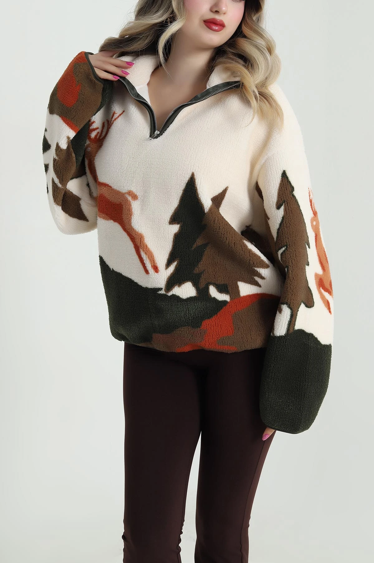 Krem Desenli Uzun Kollu Teddy Kadın Sweat 482451