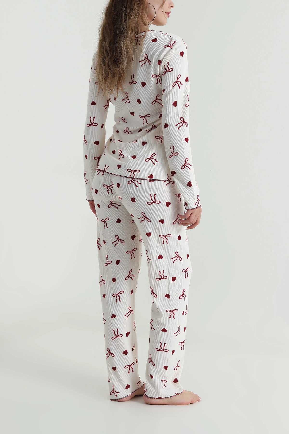 Krem Desenli Waffle Kadın Pijama Takımı 486241