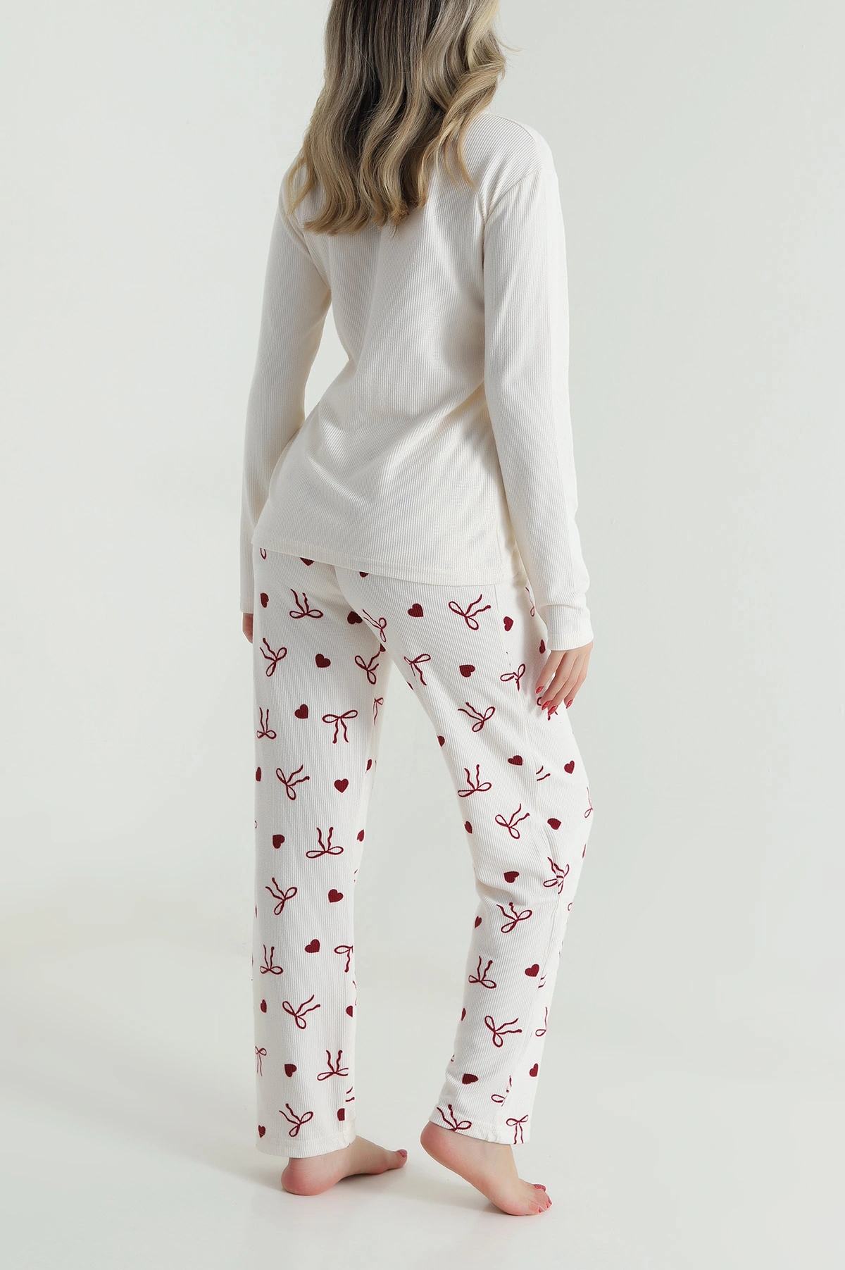 Krem Desenli Waffle Kadın Pijama Takımı 486244