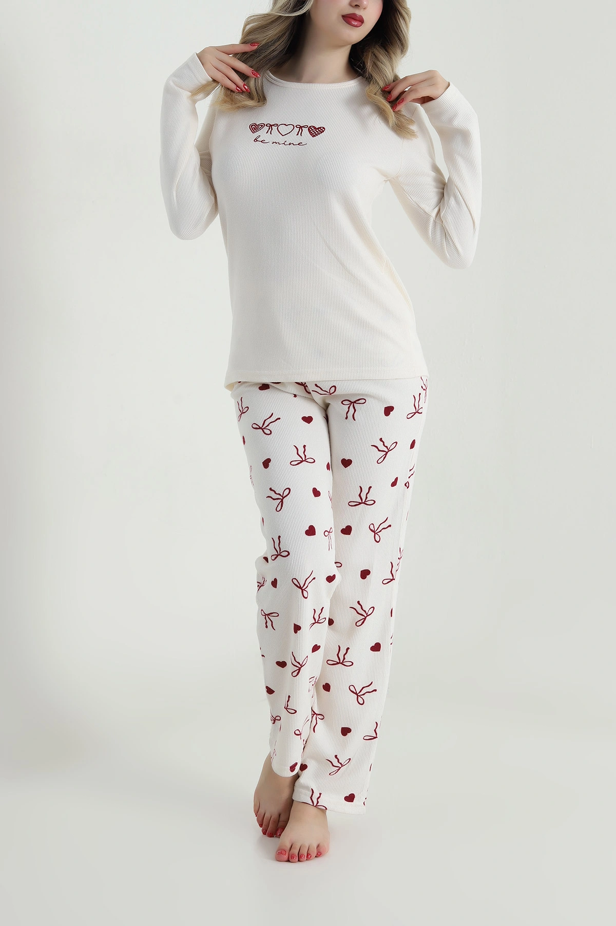 Krem Desenli Waffle Kadın Pijama Takımı 486244