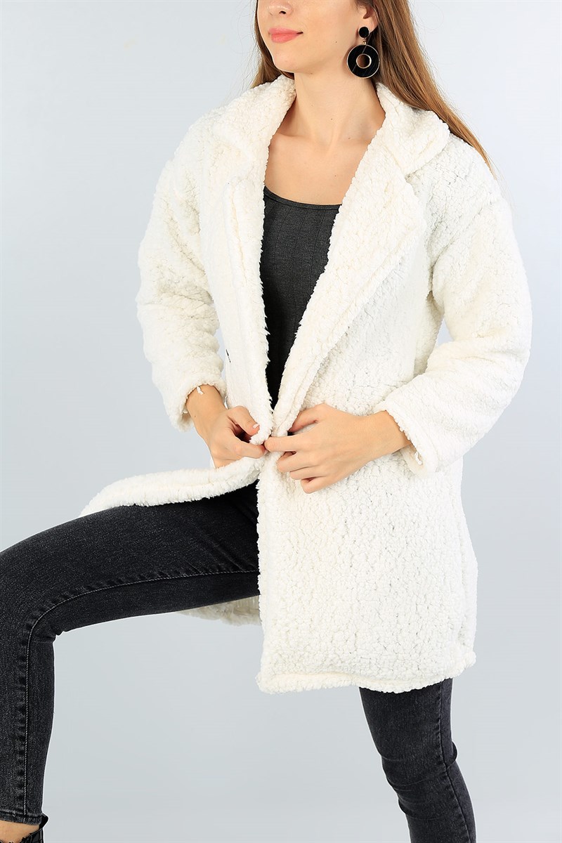 Krem Düğmeli Bayan Kuzu Polar 46444