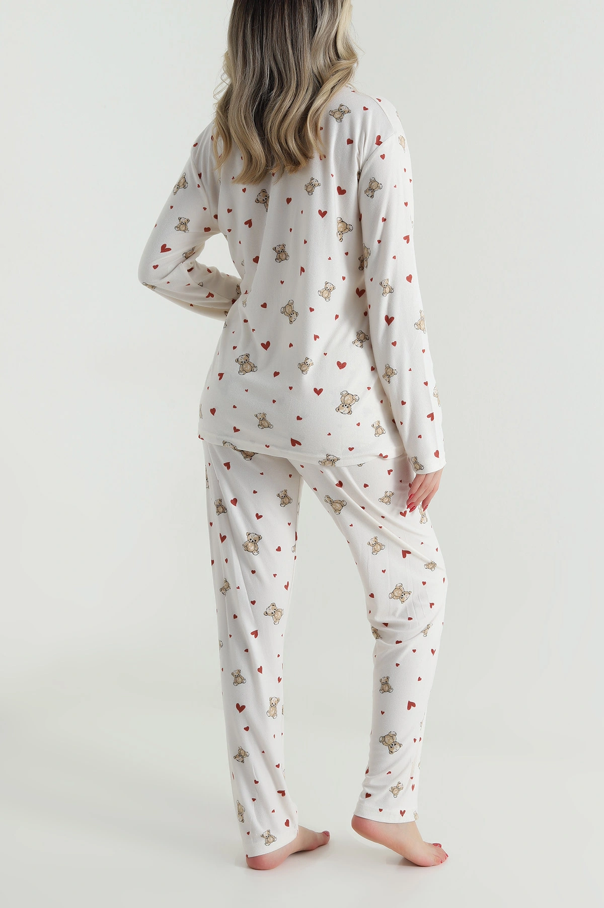 Krem Düğmeli Süet Kadın Pijama Takımı 486270
