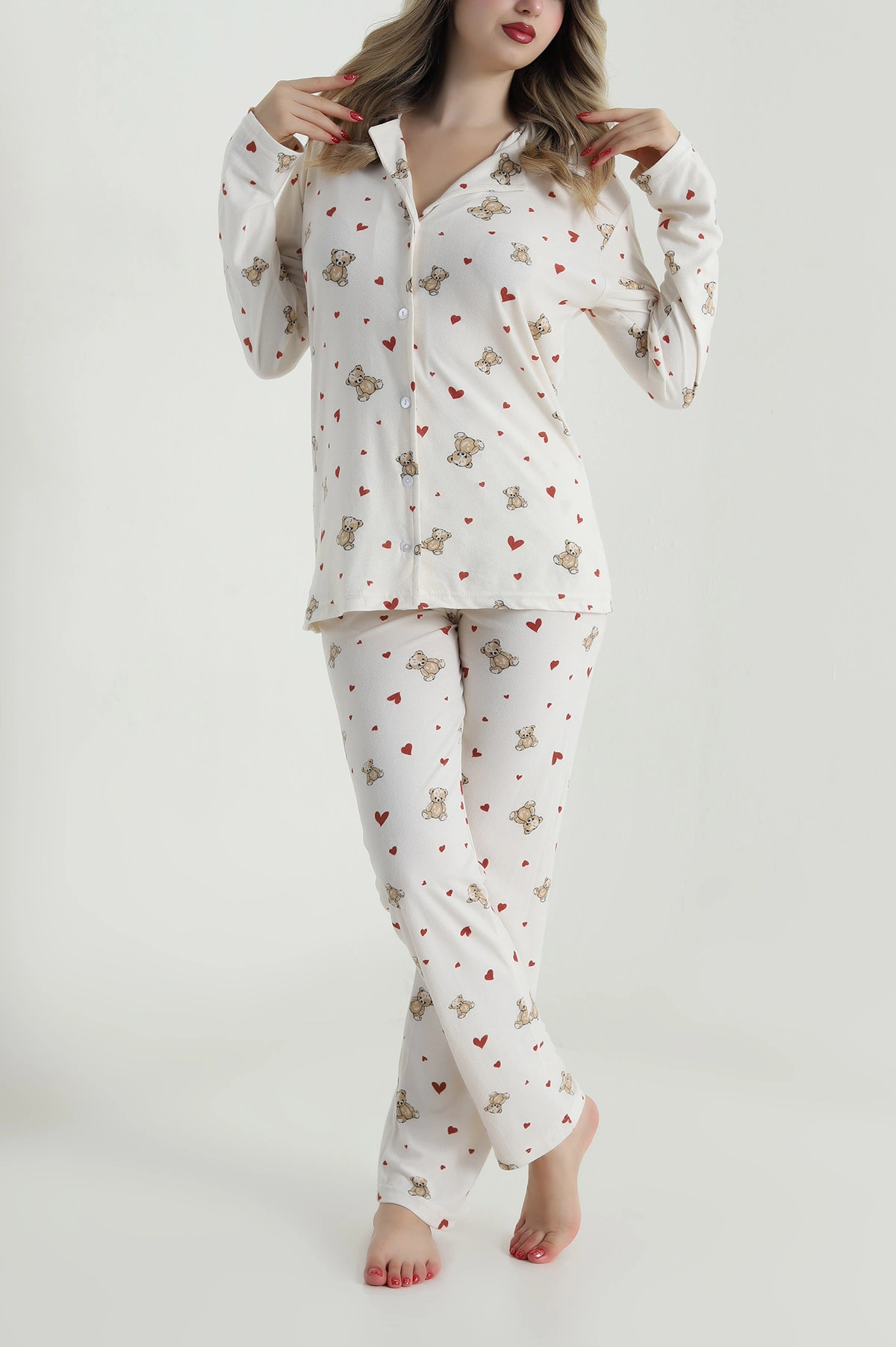 Krem Düğmeli Süet Kadın Pijama Takımı 486270