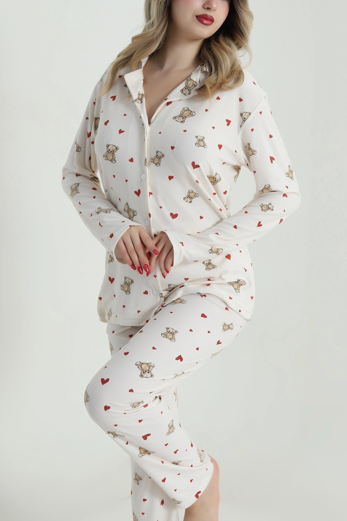 Krem Düğmeli Süet Kadın Pijama Takımı 486270