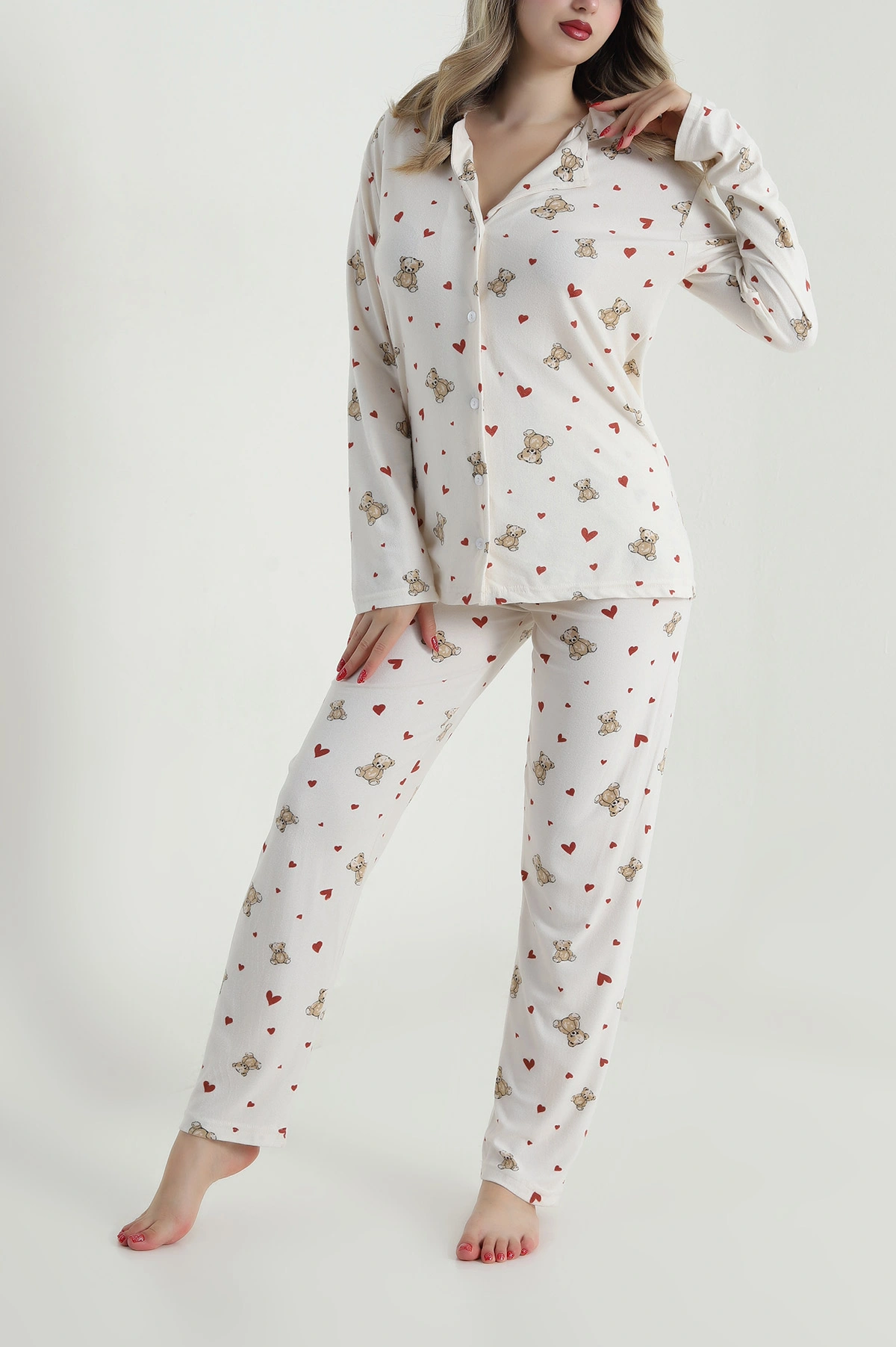 Krem Düğmeli Süet Kadın Pijama Takımı 486270