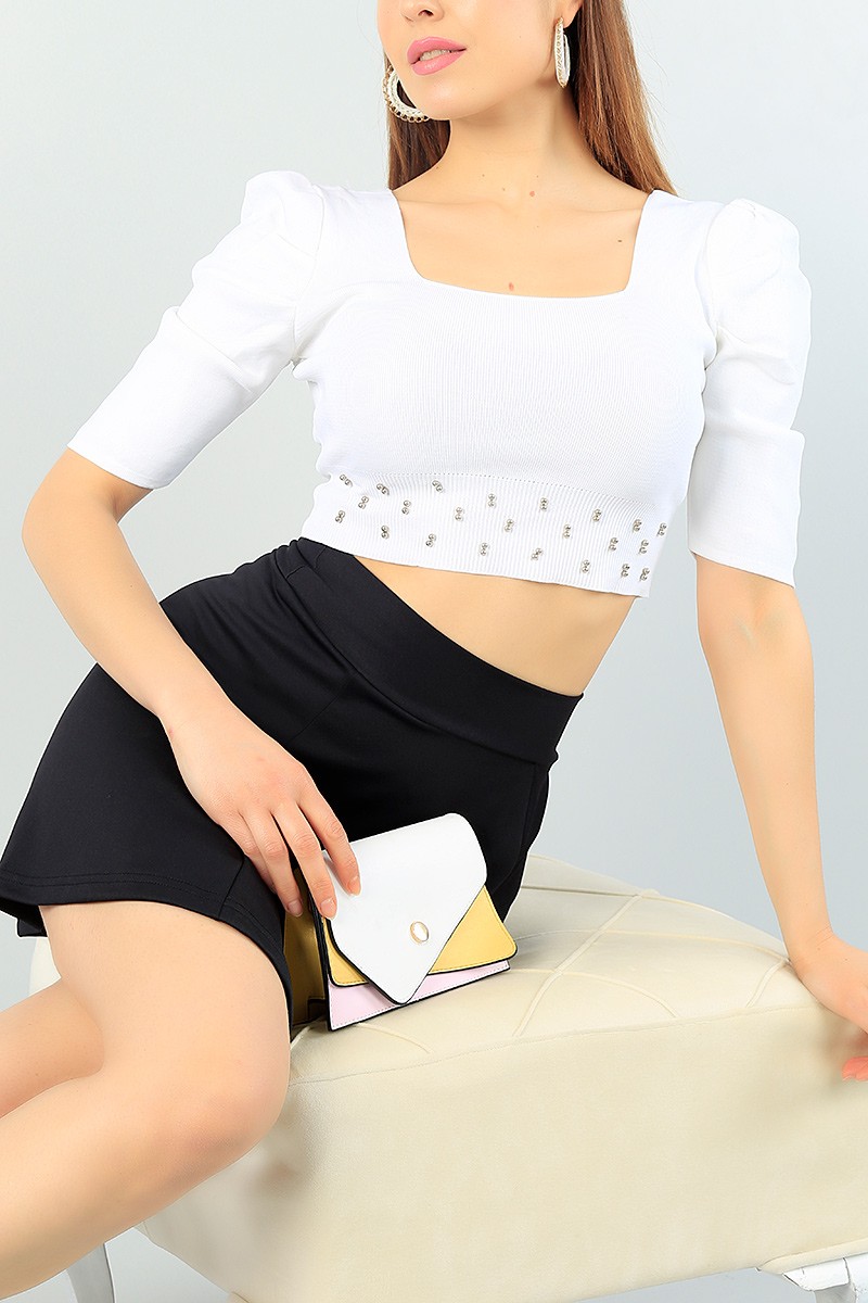 Ekru Fakir Kol Taşlı Triko Bluz 65622