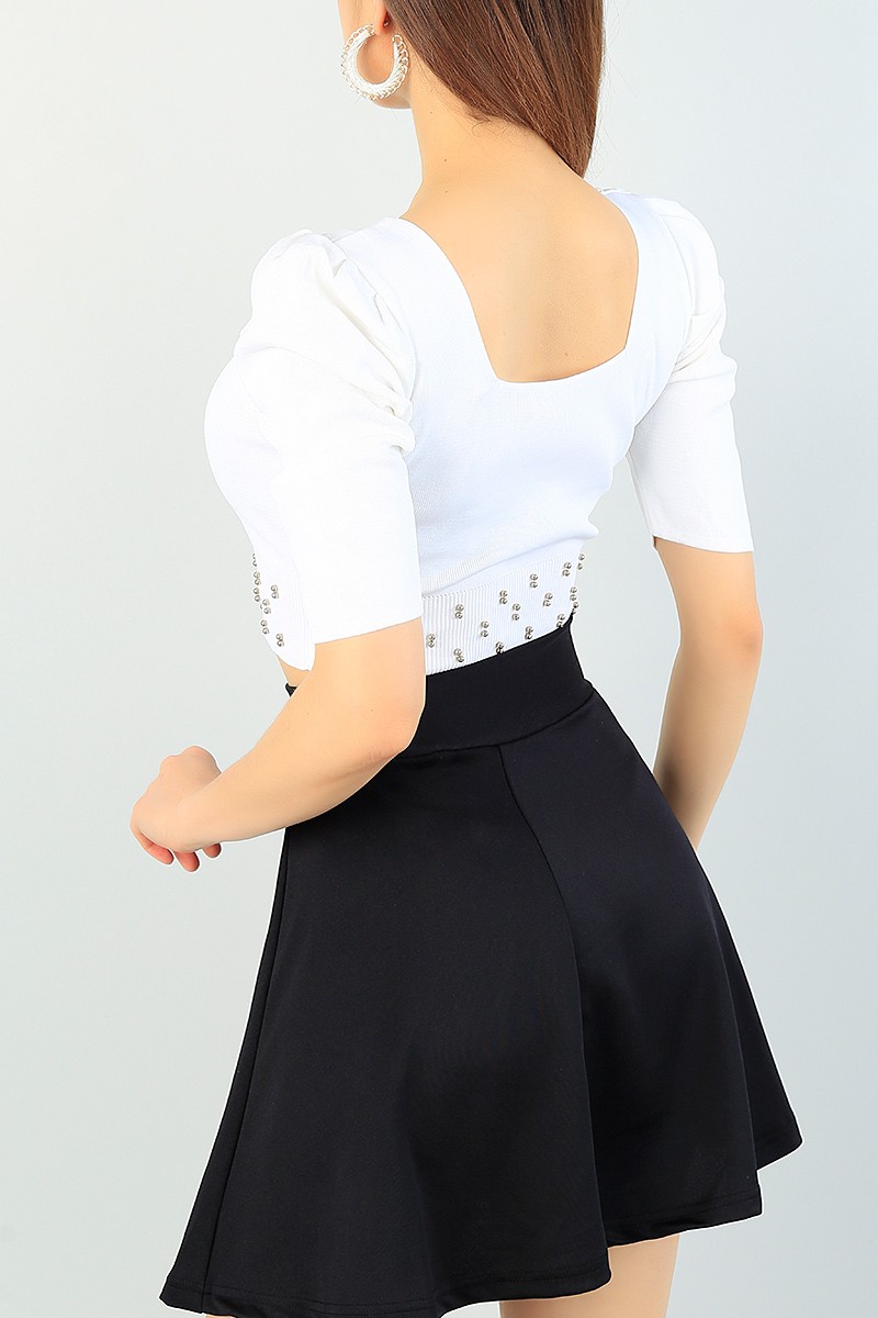 Ekru Fakir Kol Taşlı Triko Bluz 65622