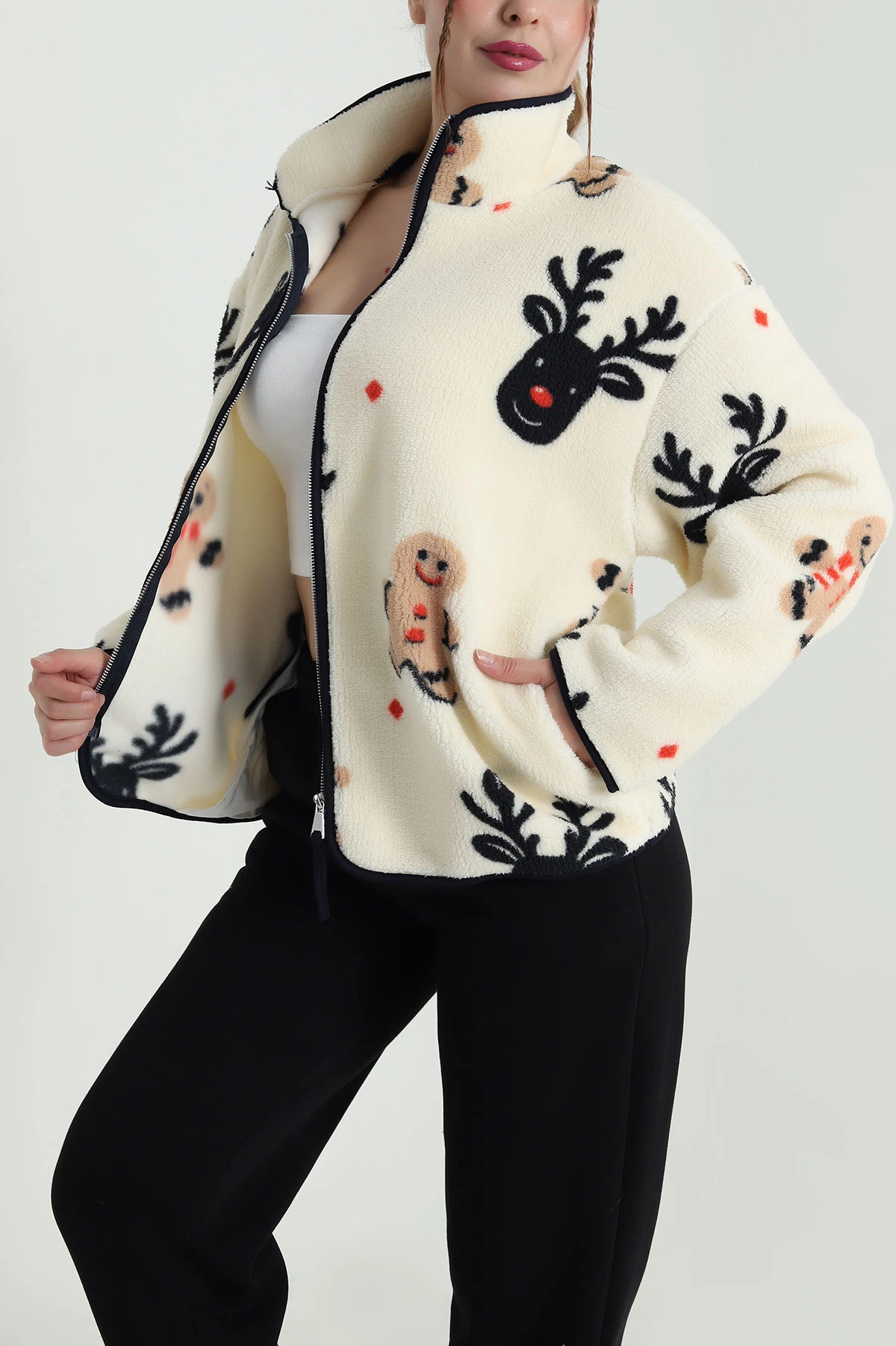 Krem Fermuarlı Desenli Teddy Kadın Polar 482436