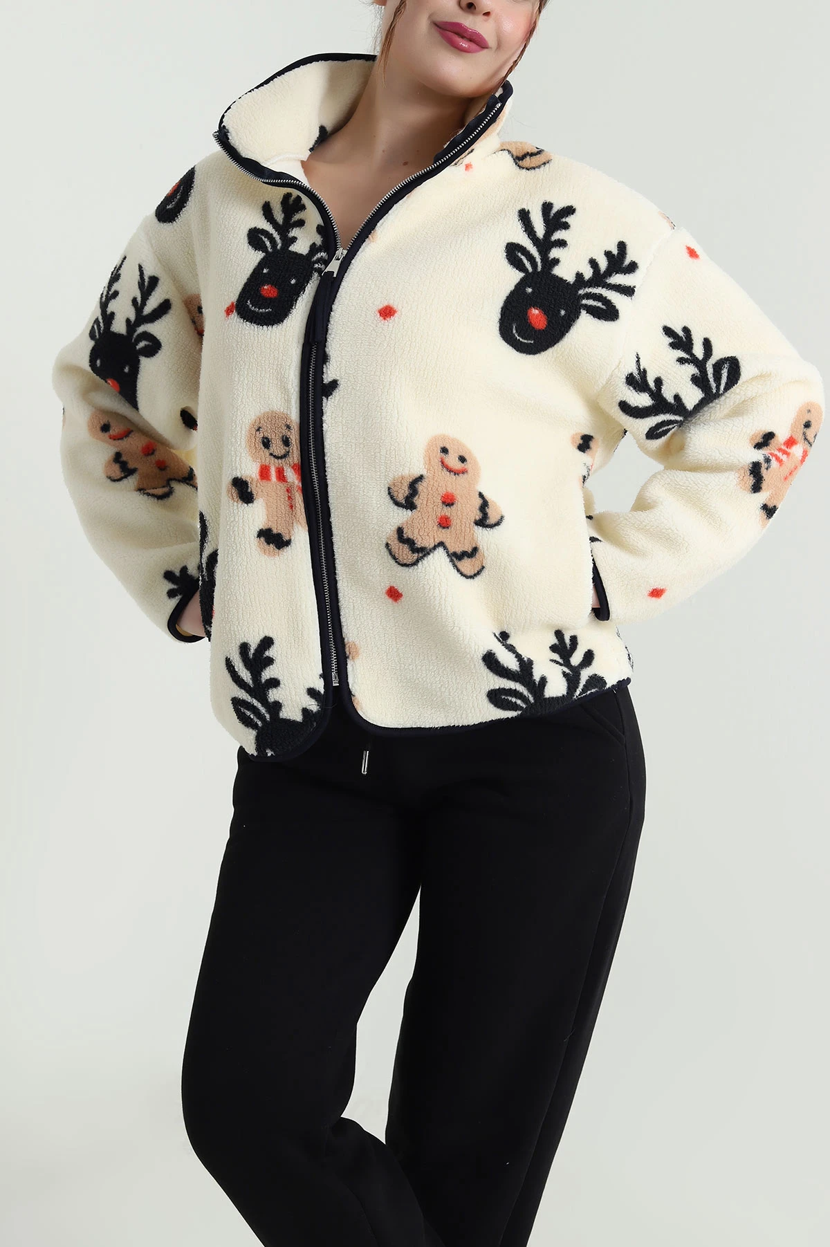 Krem Fermuarlı Desenli Teddy Kadın Polar 482436
