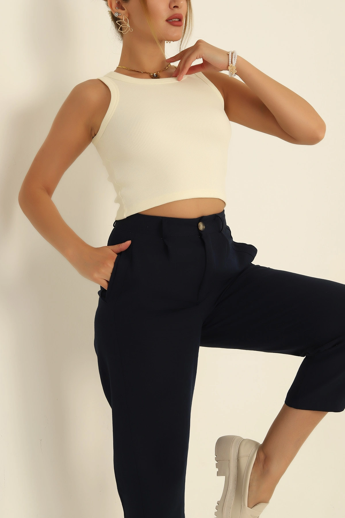 Krem Fitilli Likralı Bayan Atlet 282873