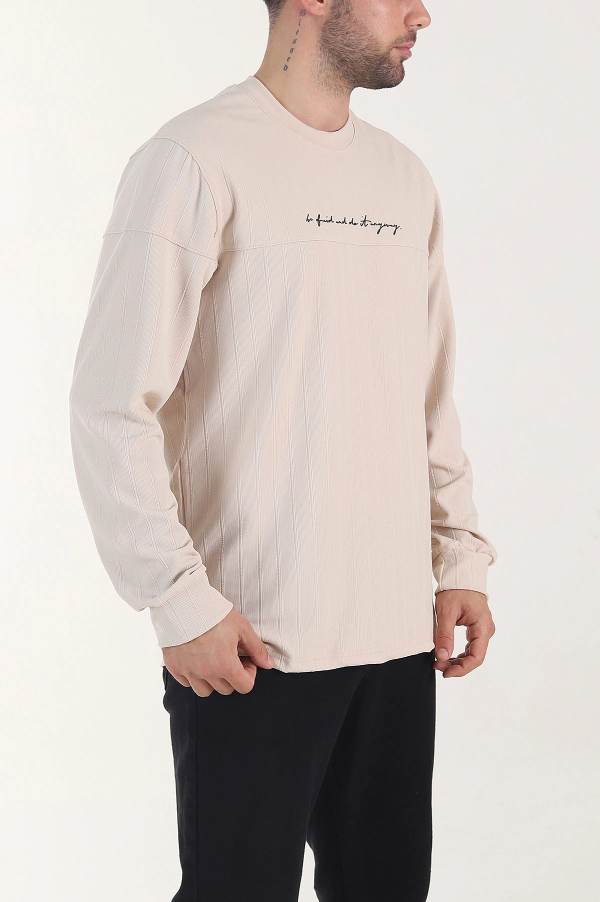Krem Fitilli Nakışlı Bisiklet Yaka Erkek Sweatshirt 408032