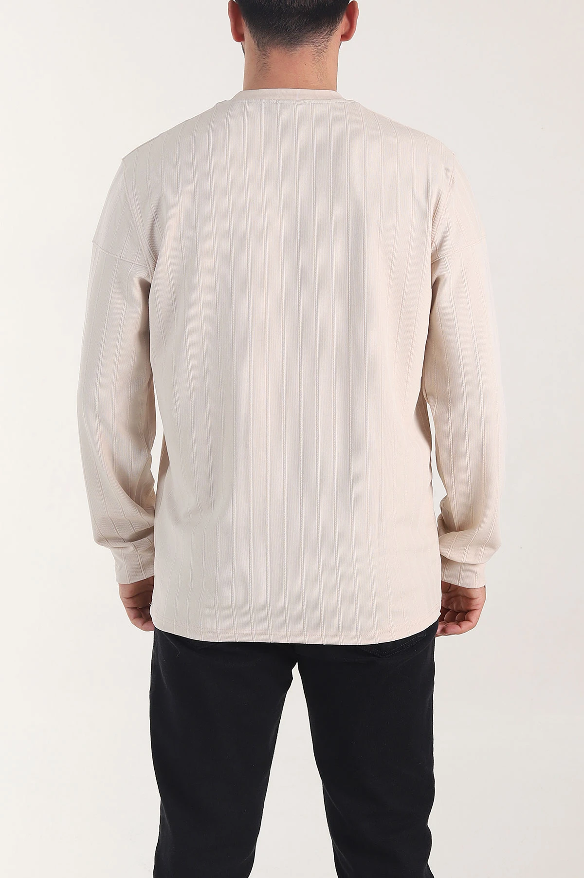 Krem Fitilli Nakışlı Bisiklet Yaka Erkek Sweatshirt 408032