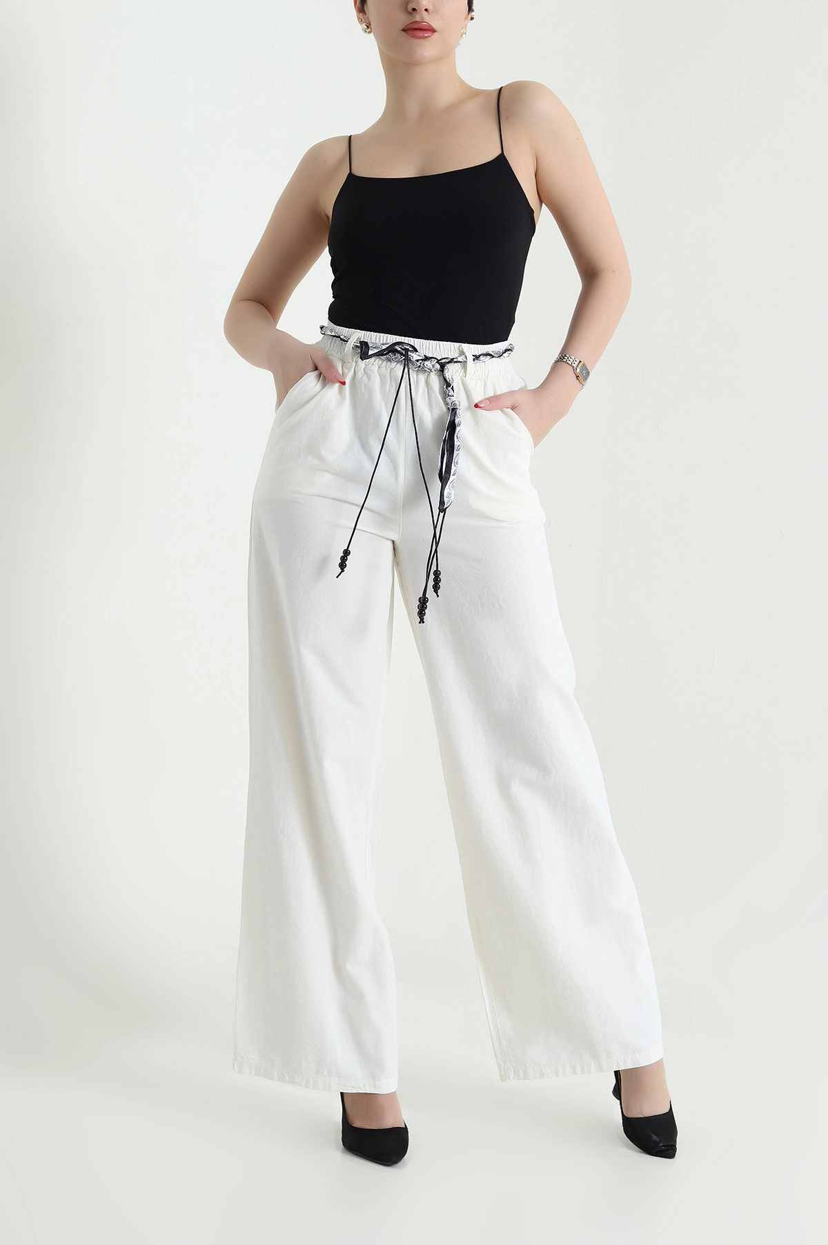 Krem Fular Kemerli Tensel Gabardin Kadın Pantolon 440440