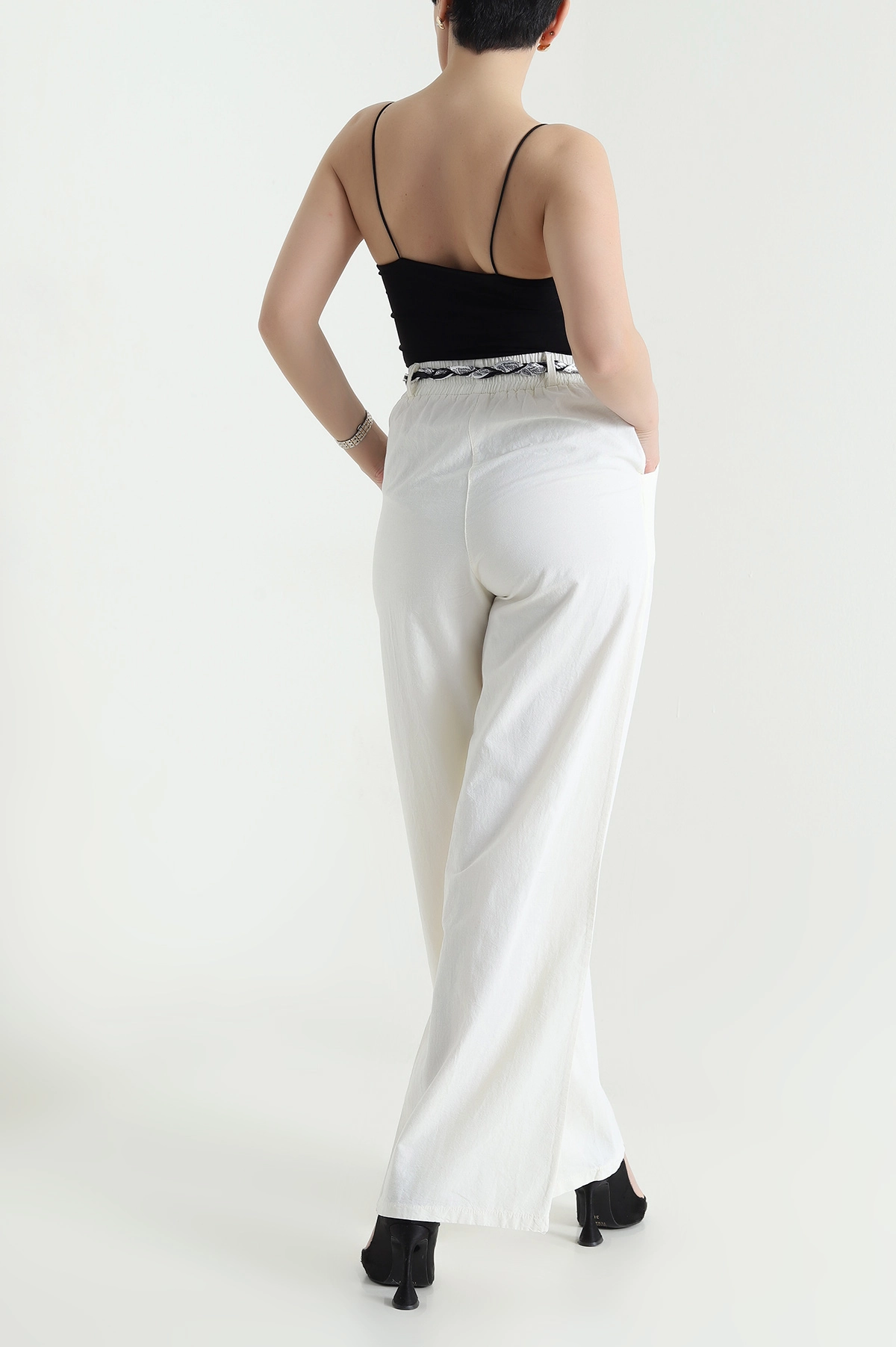 Krem Fular Kemerli Tensel Gabardin Kadın Pantolon 440440