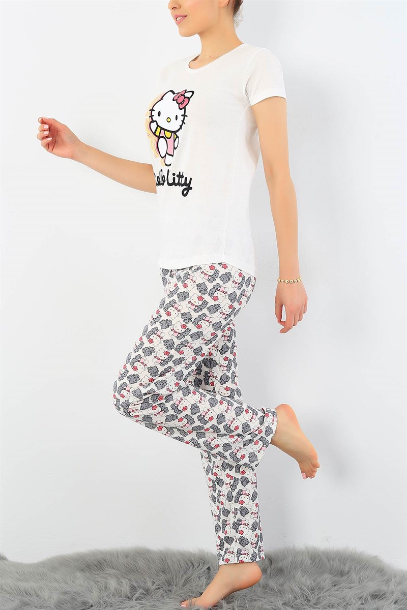 Krem Hello Kity Baskılı Bayan Pijama Takımı 33419