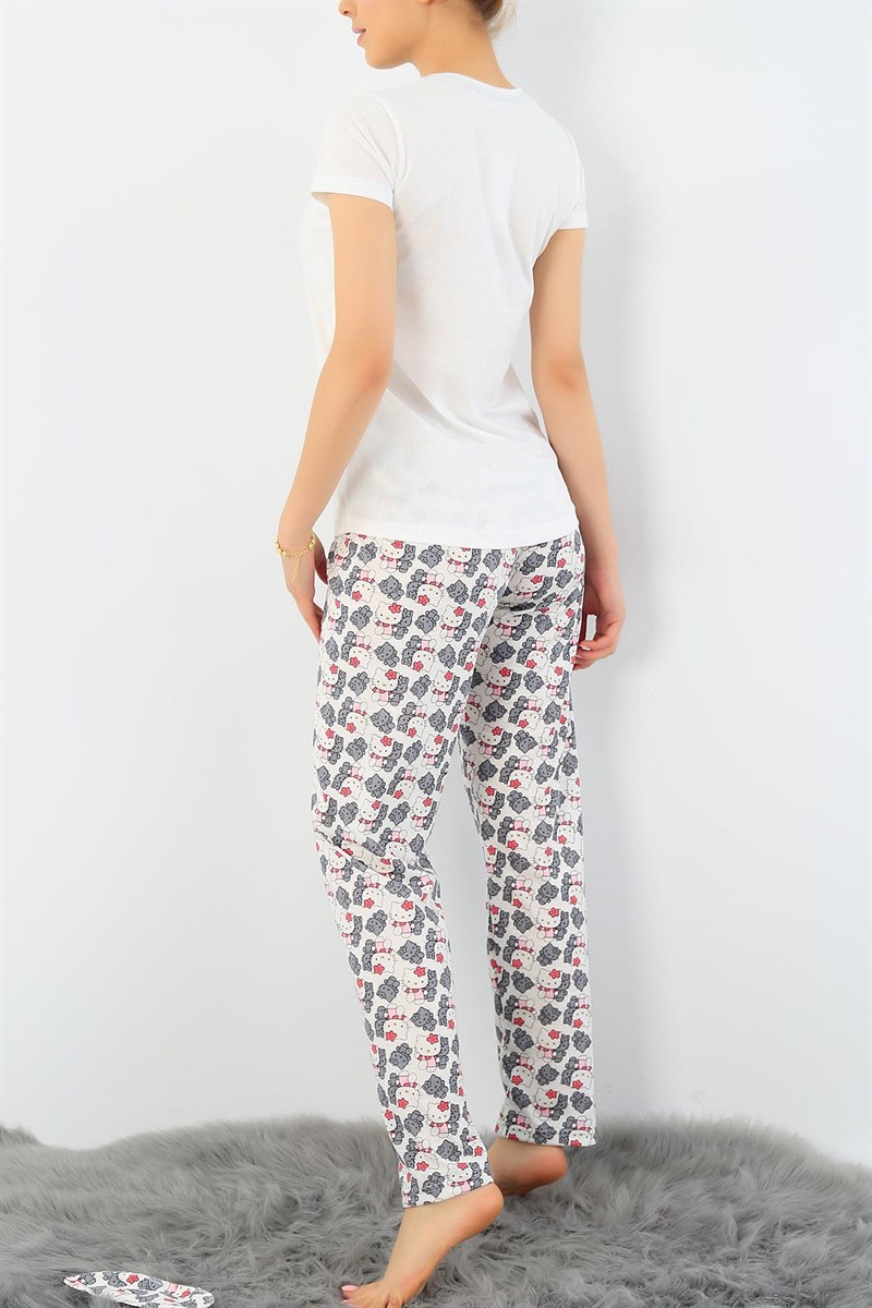 Krem Hello Kity Baskılı Bayan Pijama Takımı 33419