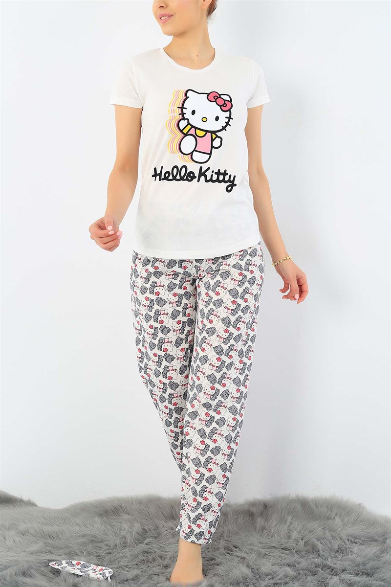 Krem Hello Kity Baskılı Bayan Pijama Takımı 33419