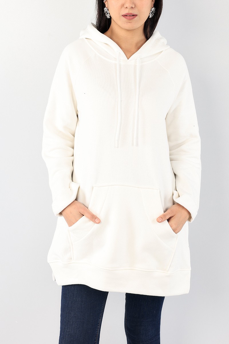 Krem İçi Şardonlu Kapüşonlu Sweat Tunik 90686