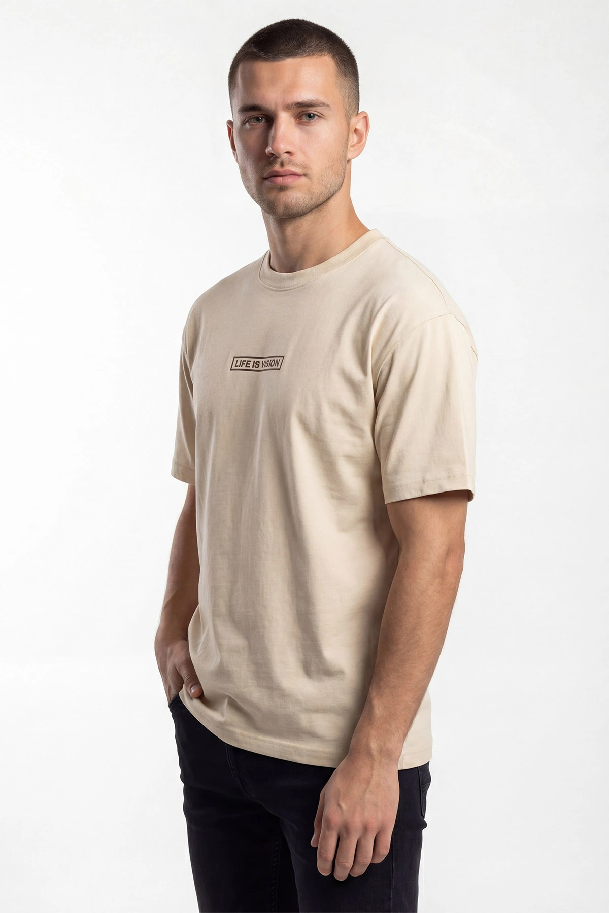 Krem İki İp Bisiklet Yaka Erkek Tişört 435147