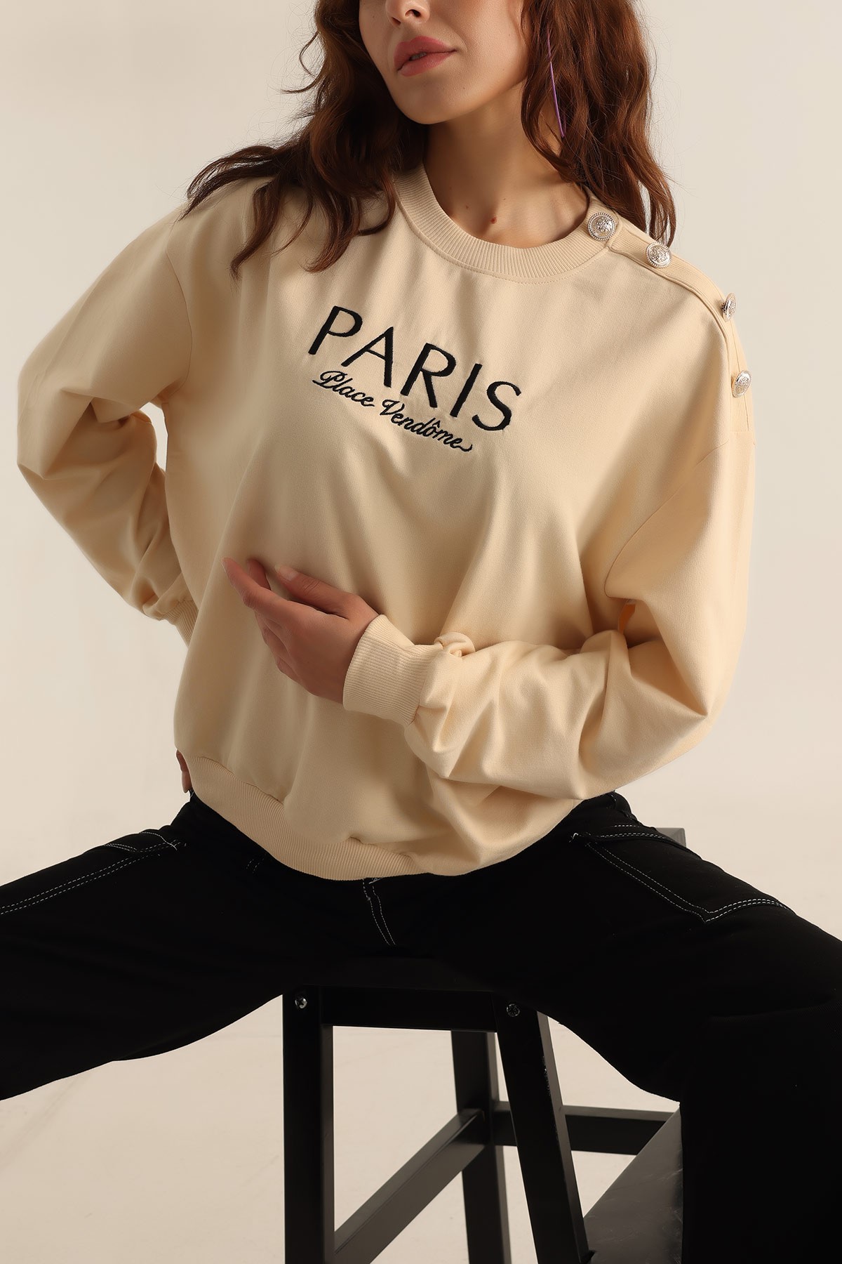 Krem İki İp Nakışlı Sweat 199563